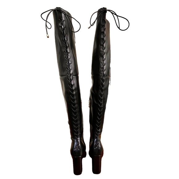 Carvela NWT Over The Knee Back Lace-Up Detail Black Faux Leather Heeled Boots 6 - Picture 11 of 16